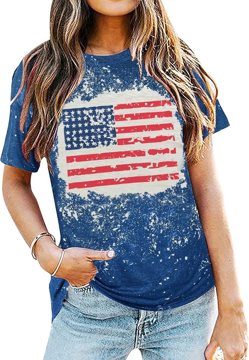 American Flag Shirt Women Patriotic Shirt Vintage USA Flag Bleached T-Shirt Short Sleeve 4th of July Tee Tops