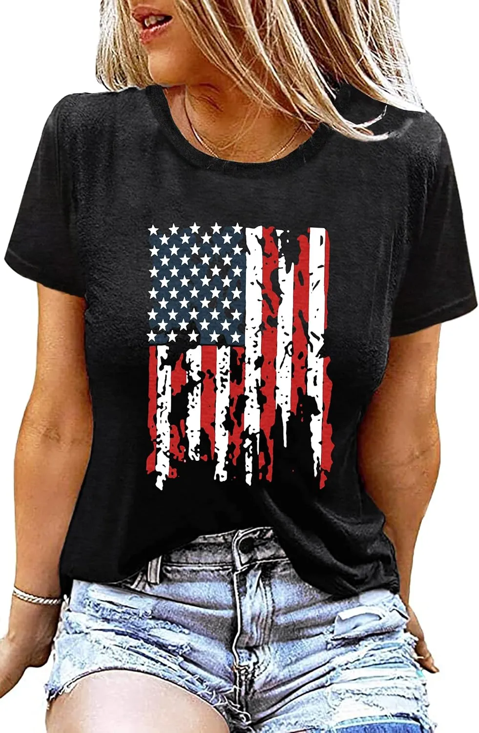 American Flag Shirt Women Patriotic Shirt Vintage USA Flag Bleached T-Shirt Short Sleeve 4th of July Tee Tops