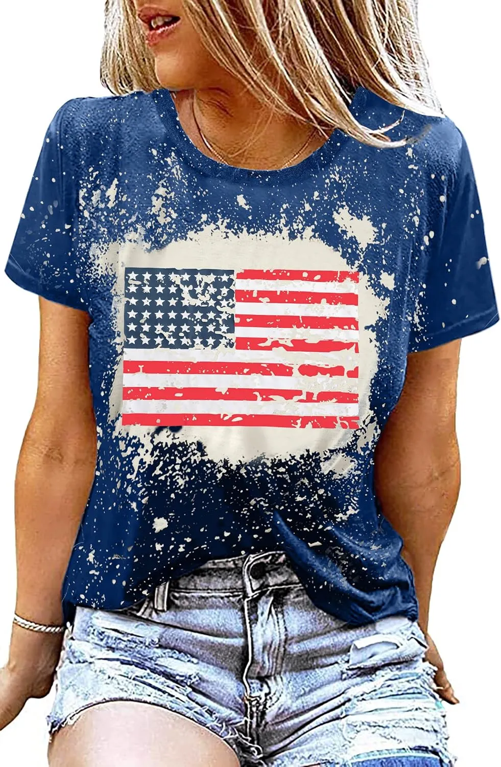 American Flag Shirt Women Patriotic Shirt Vintage USA Flag Bleached T-Shirt Short Sleeve 4th of July Tee Tops