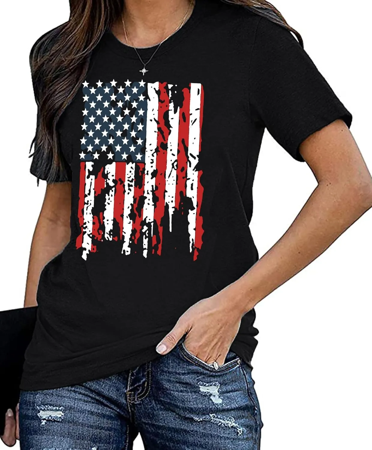 American Flag Shirt Women Patriotic Shirt Vintage USA Flag Bleached T-Shirt Short Sleeve 4th of July Tee Tops
