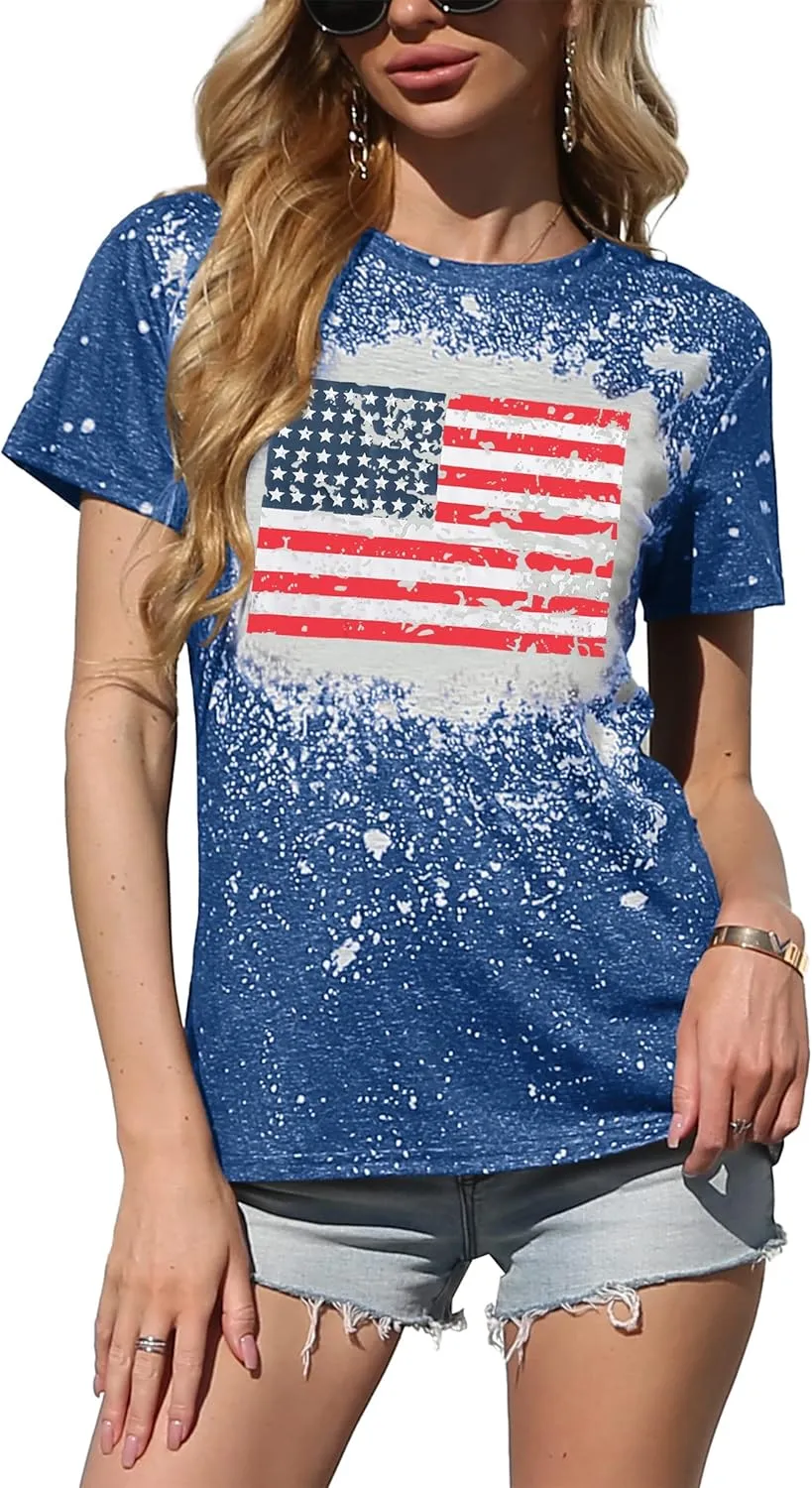 American Flag Shirt Women Patriotic Shirt Vintage USA Flag Bleached T-Shirt Short Sleeve 4th of July Tee Tops