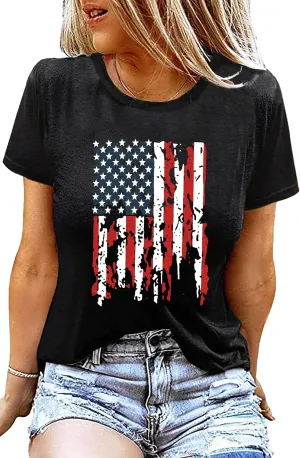 American Flag Shirt Women Patriotic Shirt Vintage USA Flag Bleached T-Shirt Short Sleeve 4th of July Tee Tops