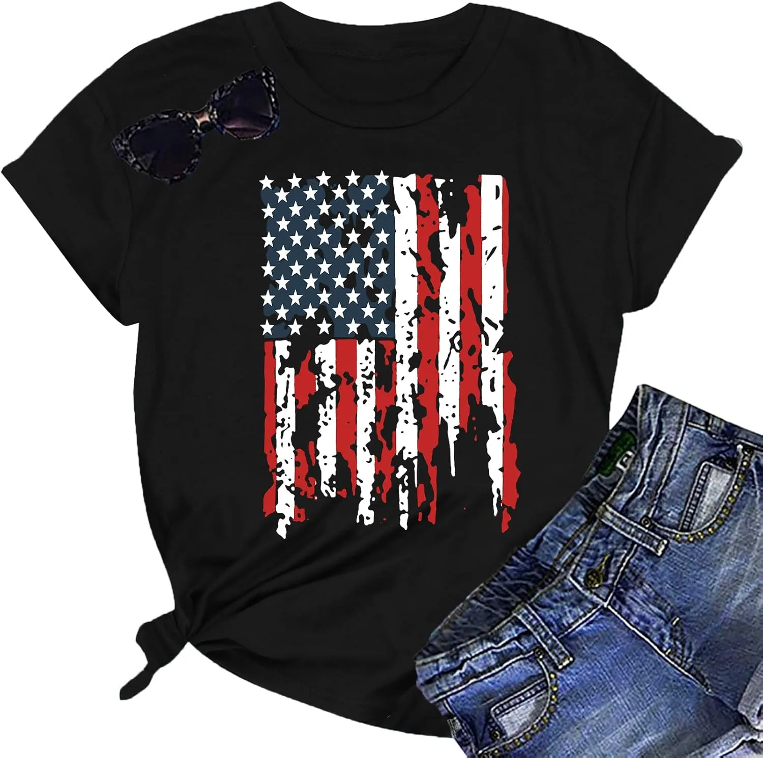 American Flag Shirt Women Patriotic Shirt Vintage USA Flag Bleached T-Shirt Short Sleeve 4th of July Tee Tops