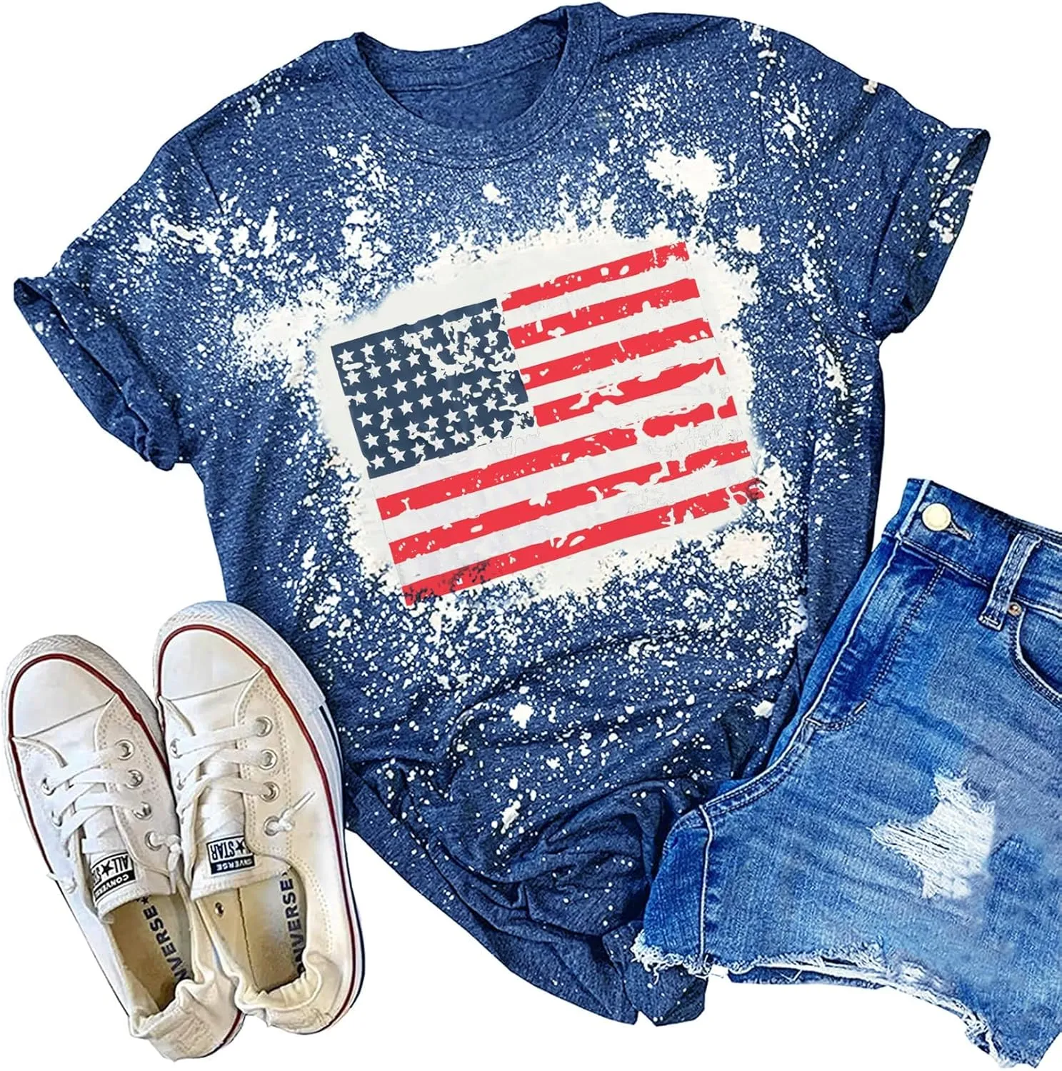 American Flag Shirt Women Patriotic Shirt Vintage USA Flag Bleached T-Shirt Short Sleeve 4th of July Tee Tops