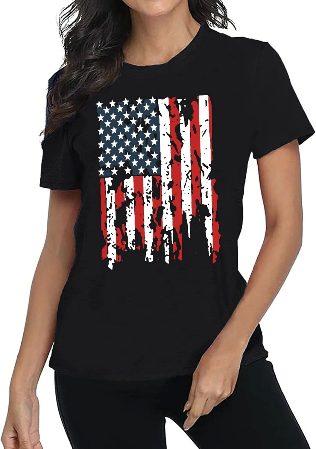 American Flag Shirt Women Patriotic Shirt Vintage USA Flag Bleached T-Shirt Short Sleeve 4th of July Tee Tops