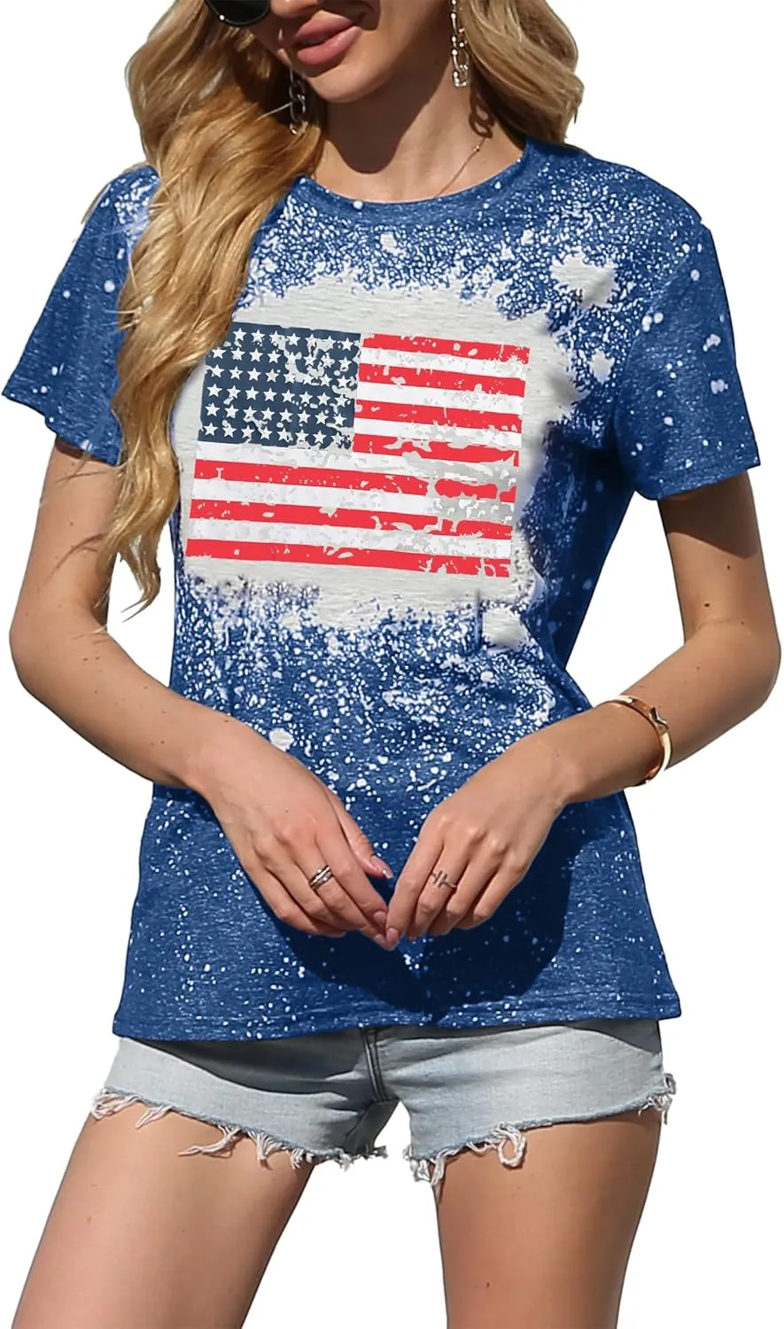 American Flag Shirt Women Patriotic Shirt Vintage USA Flag Bleached T-Shirt Short Sleeve 4th of July Tee Tops