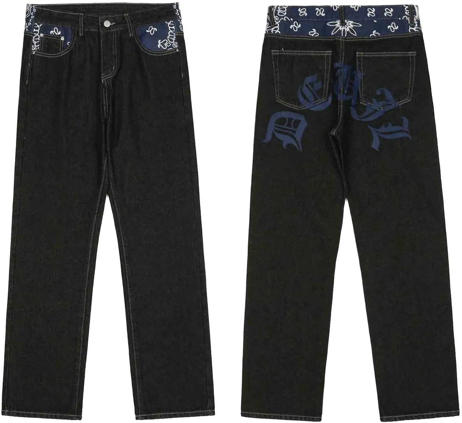 American Vintage Men's Jeans Gothic Panel Contrast Letter Print Jeans Men's Loose Wide Leg Casual Straight Pants