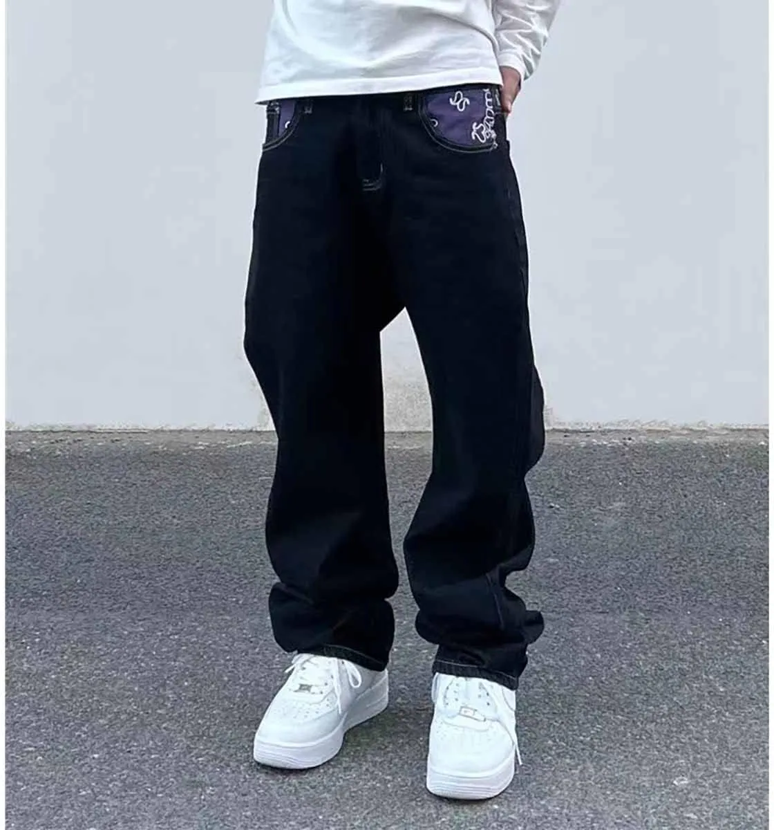 American Vintage Men's Jeans Gothic Panel Contrast Letter Print Jeans Men's Loose Wide Leg Casual Straight Pants