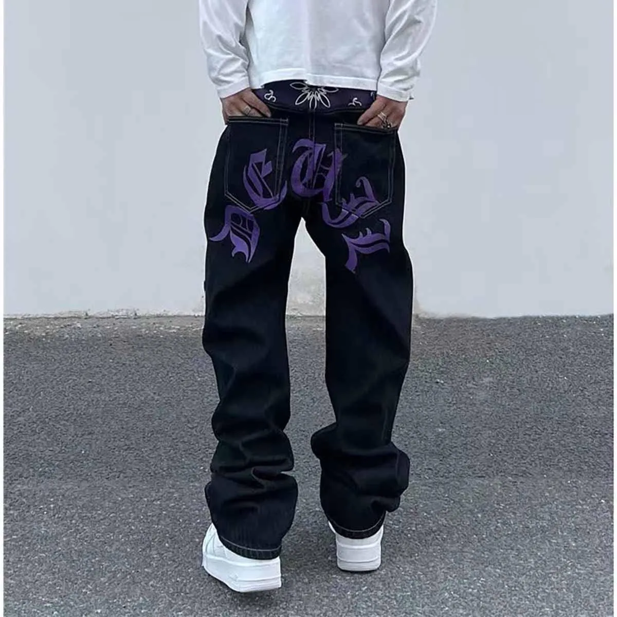 American Vintage Men's Jeans Gothic Panel Contrast Letter Print Jeans Men's Loose Wide Leg Casual Straight Pants