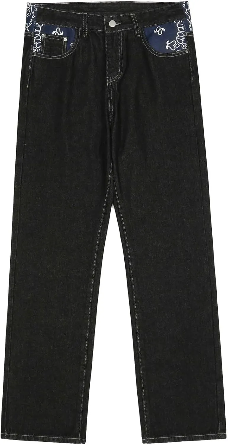 American Vintage Men's Jeans Gothic Panel Contrast Letter Print Jeans Men's Loose Wide Leg Casual Straight Pants