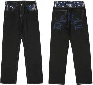 American Vintage Men's Jeans Gothic Panel Contrast Letter Print Jeans Men's Loose Wide Leg Casual Straight Pants
