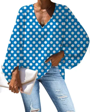 Amzbeauty Women's Sweet & Cute Shirt Balloon Sleeve V-Neck Solid Color & Polka Dots Blouse Top