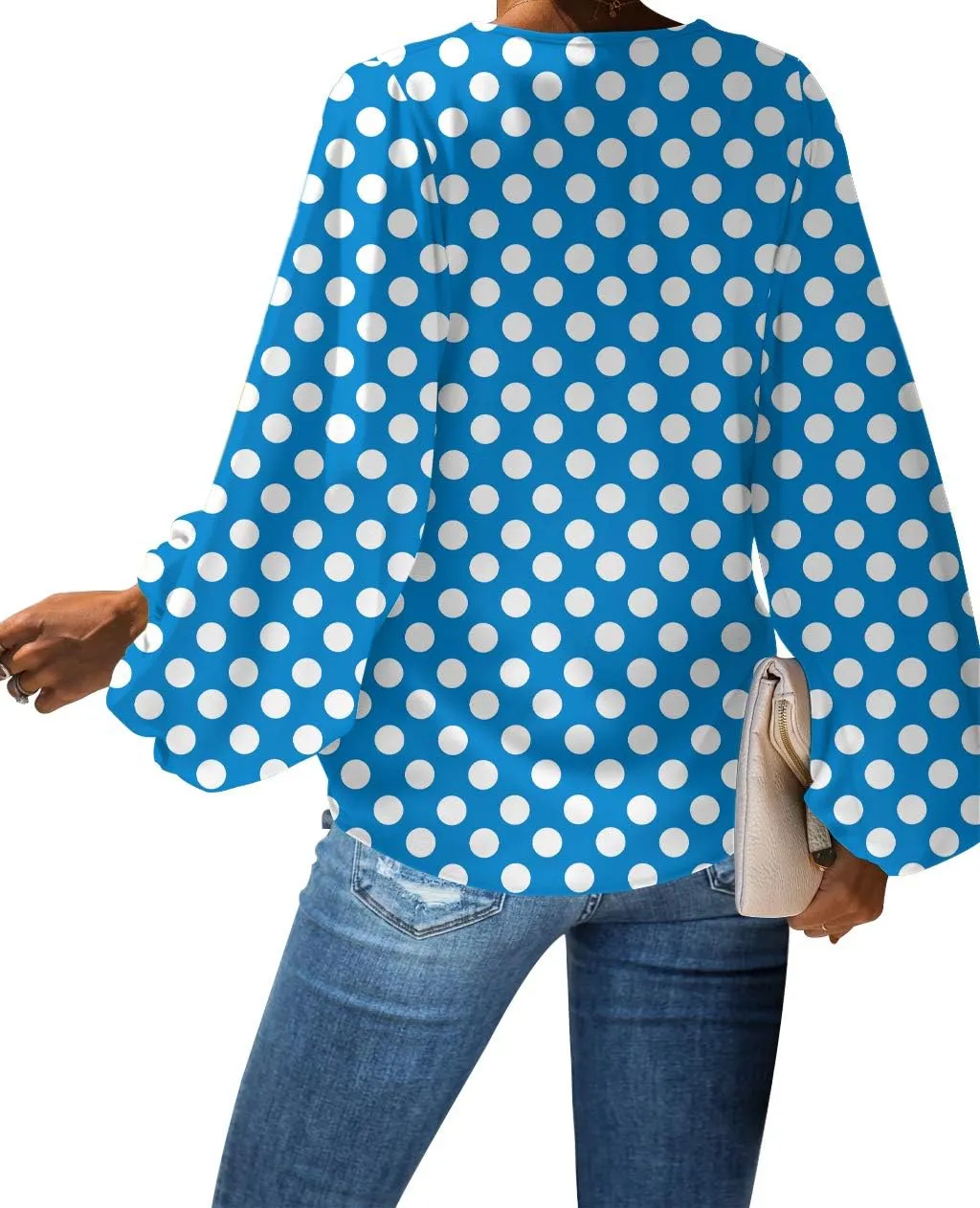 Amzbeauty Women's Sweet & Cute Shirt Balloon Sleeve V-Neck Solid Color & Polka Dots Blouse Top