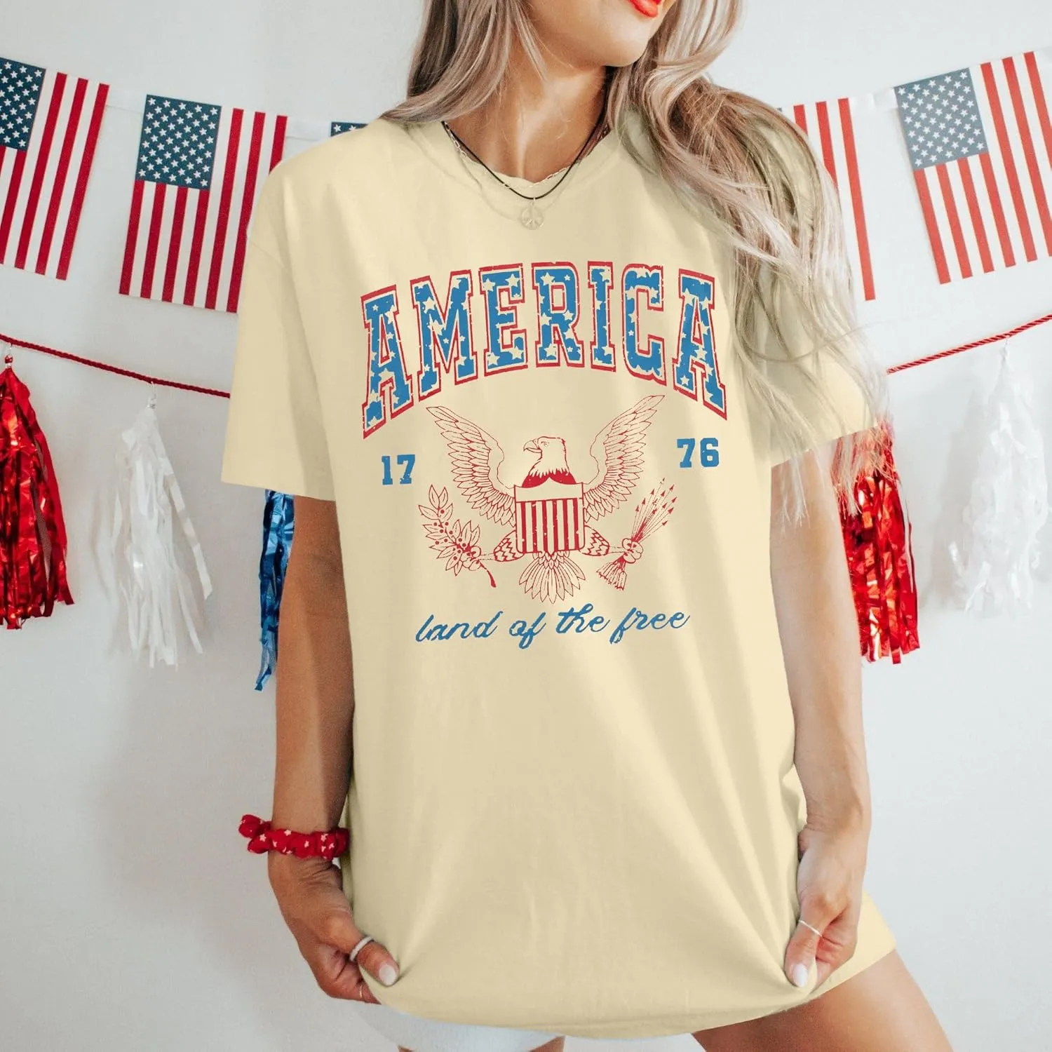 ASTANFY 1776 America Shirt Oversized Tshirts: Womens 4th of July Shirts Retro Eagles Band Tees Patriotic Shirts