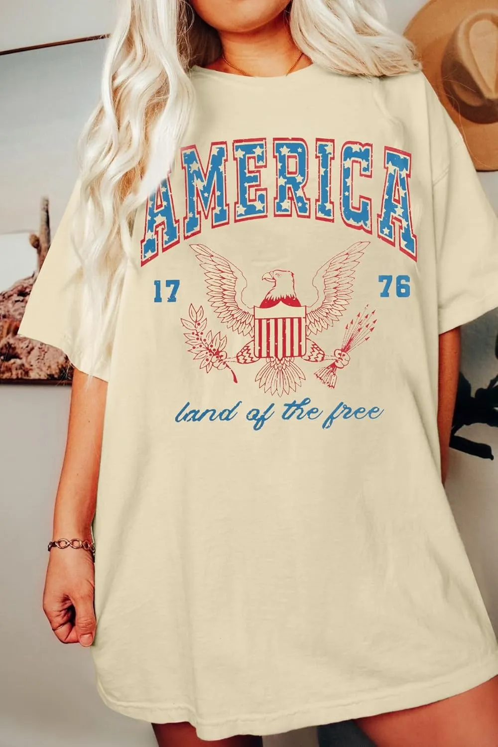 ASTANFY 1776 America Shirt Oversized Tshirts: Womens 4th of July Shirts Retro Eagles Band Tees Patriotic Shirts
