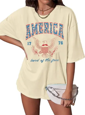 ASTANFY 1776 America Shirt Oversized Tshirts: Womens 4th of July Shirts Retro Eagles Band Tees Patriotic Shirts