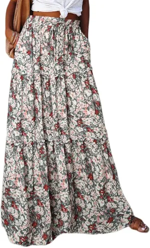 Boho Floral Skirt for Women High Waist A Line Flowy Tiered Skirts Summer Pleated Ruffle Long Maxi Skirt with Pockets