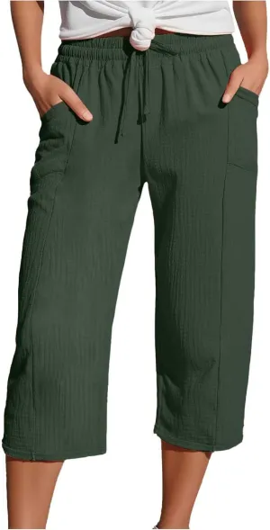 Capri Pants for Women High Waist Cotton Linen Pants Straight Wide Leg Cropped Trouser with Pockets
