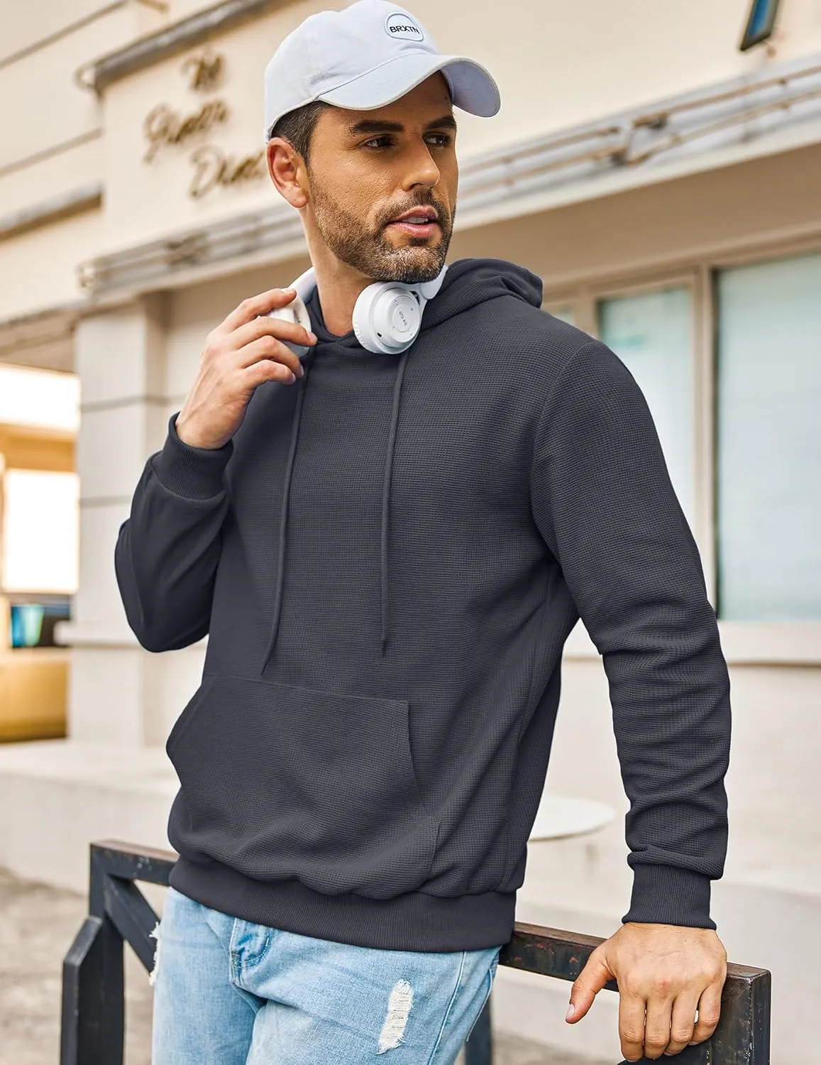 COOFANDY Men's Hooded Sweatshirts Long Sleeve Casual Pullover Hoodie Waffle Knit Sweatshirt with Pocket