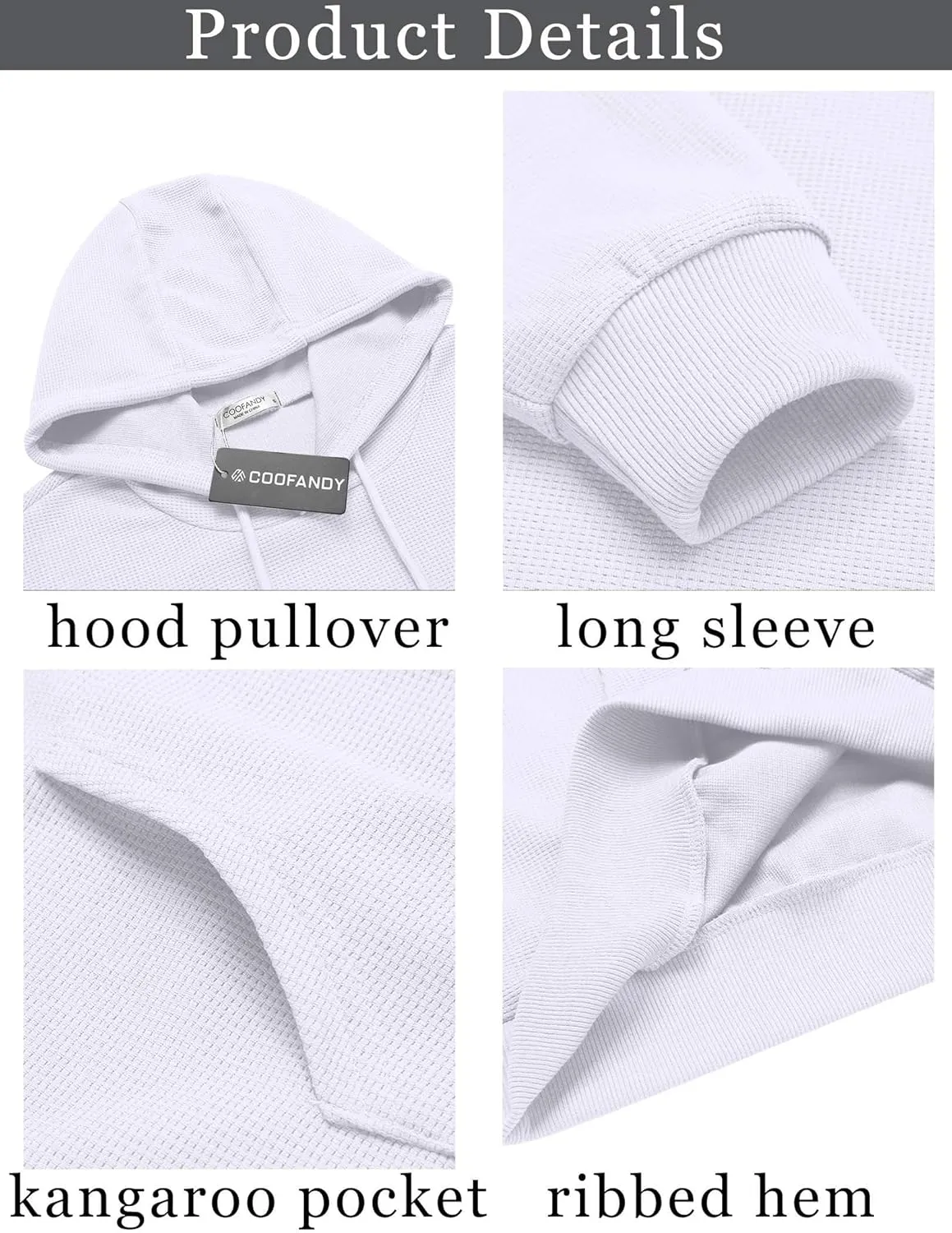 COOFANDY Men's Hooded Sweatshirts Long Sleeve Casual Pullover Hoodie Waffle Knit Sweatshirt with Pocket
