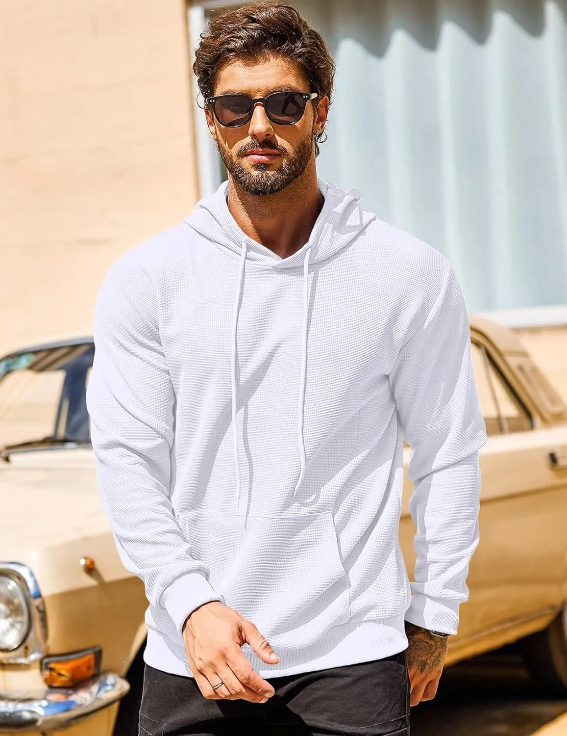 COOFANDY Men's Hooded Sweatshirts Long Sleeve Casual Pullover Hoodie Waffle Knit Sweatshirt with Pocket