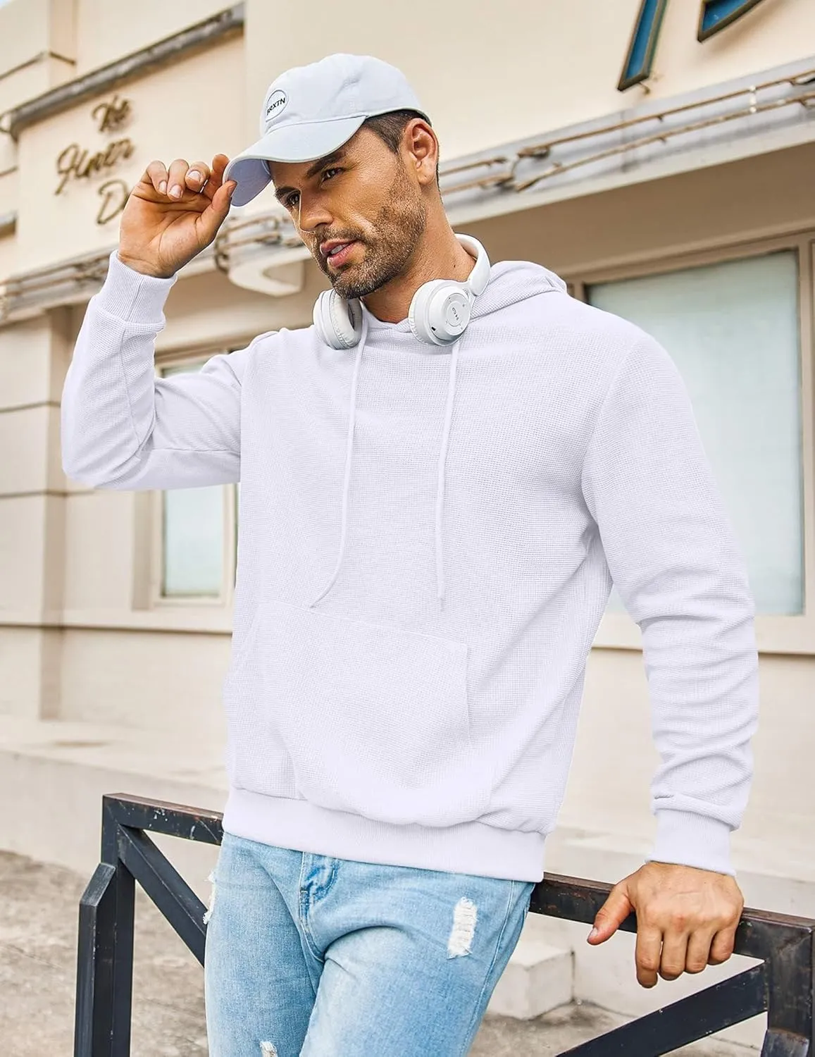 COOFANDY Men's Hooded Sweatshirts Long Sleeve Casual Pullover Hoodie Waffle Knit Sweatshirt with Pocket