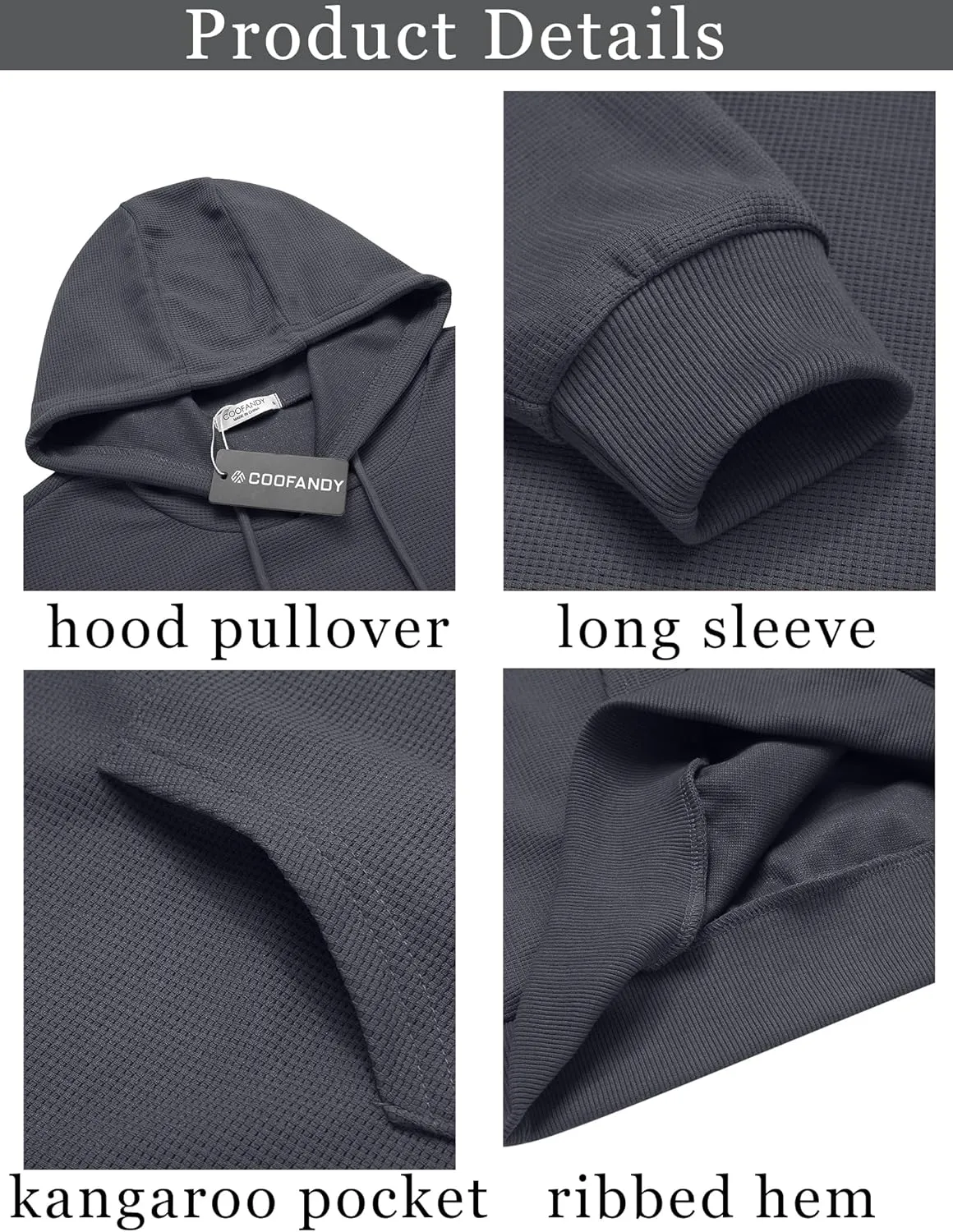 COOFANDY Men's Hooded Sweatshirts Long Sleeve Casual Pullover Hoodie Waffle Knit Sweatshirt with Pocket
