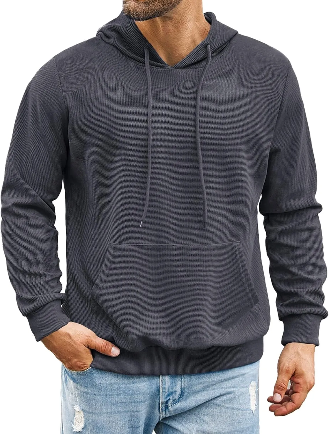COOFANDY Men's Hooded Sweatshirts Long Sleeve Casual Pullover Hoodie Waffle Knit Sweatshirt with Pocket