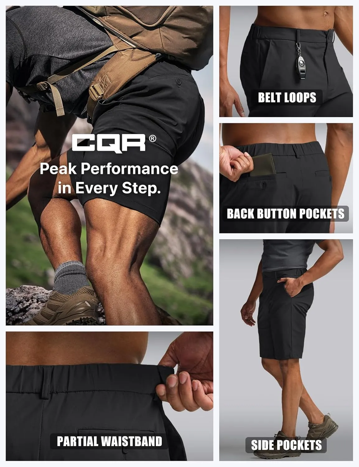 CQR Men's Quick Dry Stretch Hiking Cargo Shorts, Lightweight Water Resistant Tactical Casual, Golf & Outdoor with Pockets