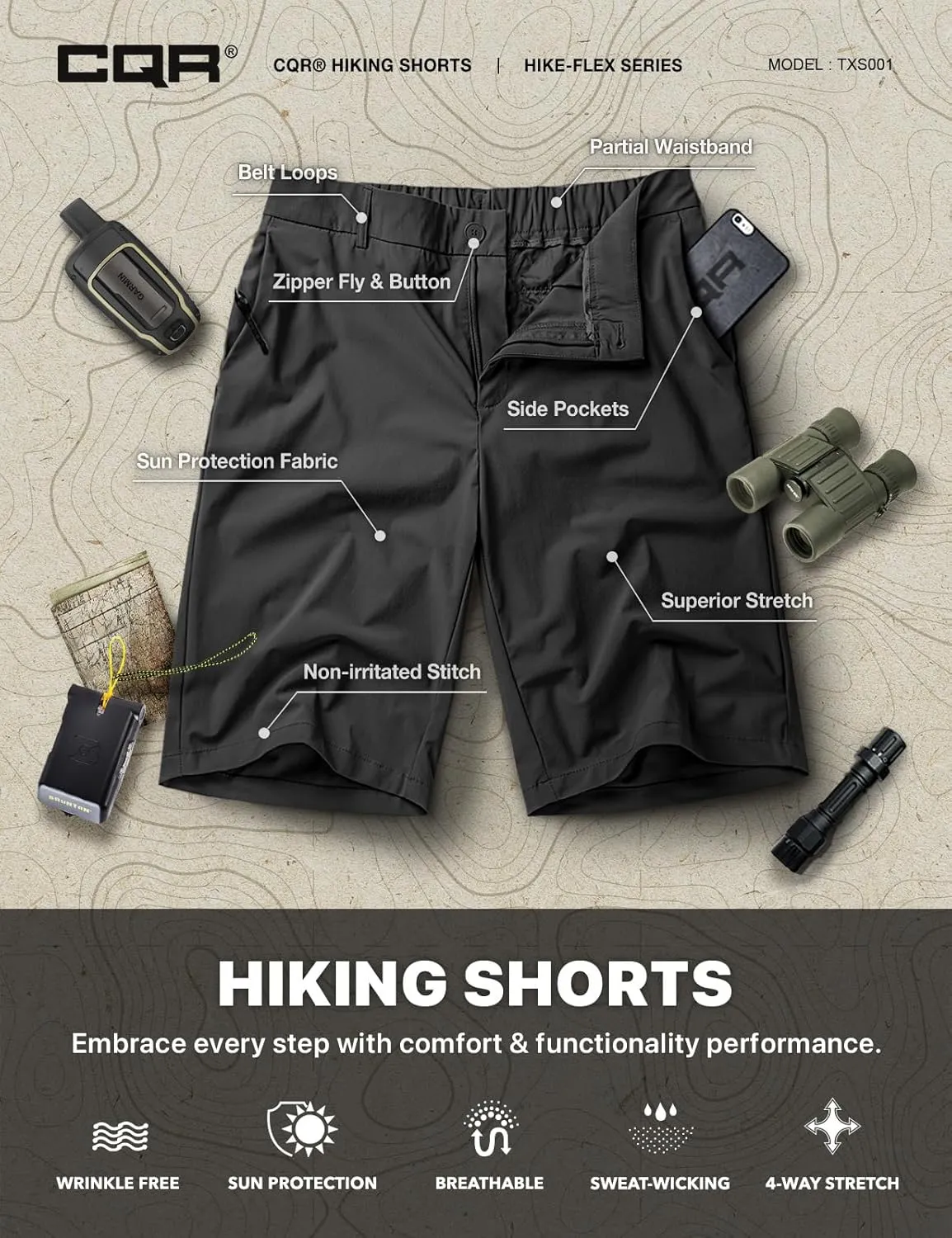 CQR Men's Quick Dry Stretch Hiking Cargo Shorts, Lightweight Water Resistant Tactical Casual, Golf & Outdoor with Pockets