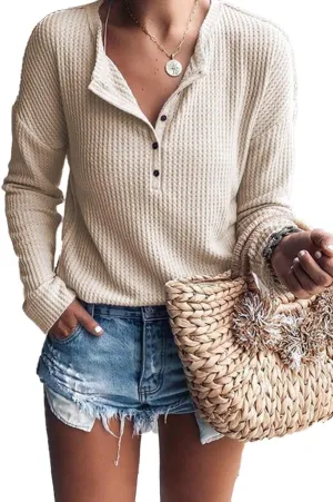 Famulily Women's Waffle Knit Tunic Tops Loose Long Sleeve Button Up V Neck Henley Shirts