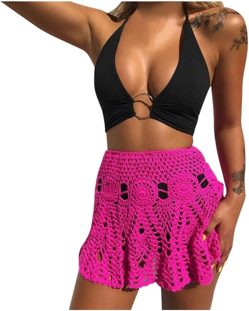 Fashion Women's Sexy Skirts Beach Hollow Out Short Knitting Women Skirt Wrap Hip Skirts Chic Plain Casual Skirt