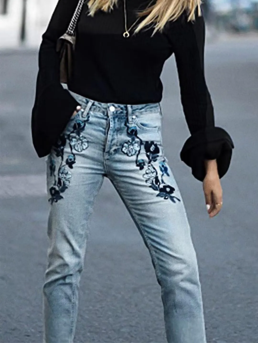 Flamingals Straight Leg Mid Rise Casual Cropped Jeans Wash Floral Embroidery Denim Jeans