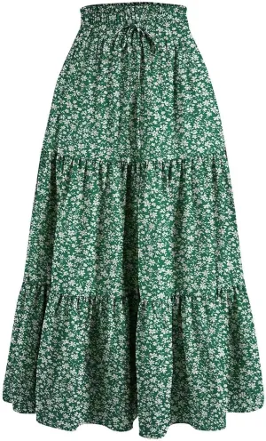 Floral Maxi Skirt for Women Flowy High Waisted Drawstring Ruffle Hem Skort Summer Trendy A-Line Vacation Beach Skirt