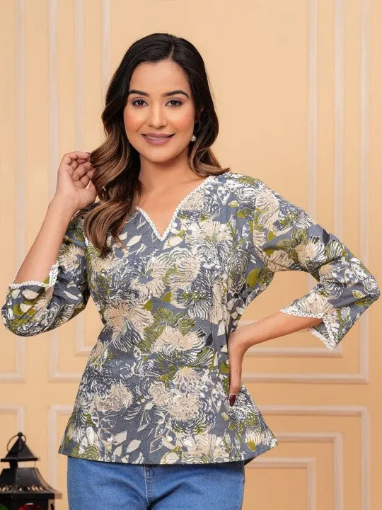 Floral Print Mandarin Collar Shirt Style Top
