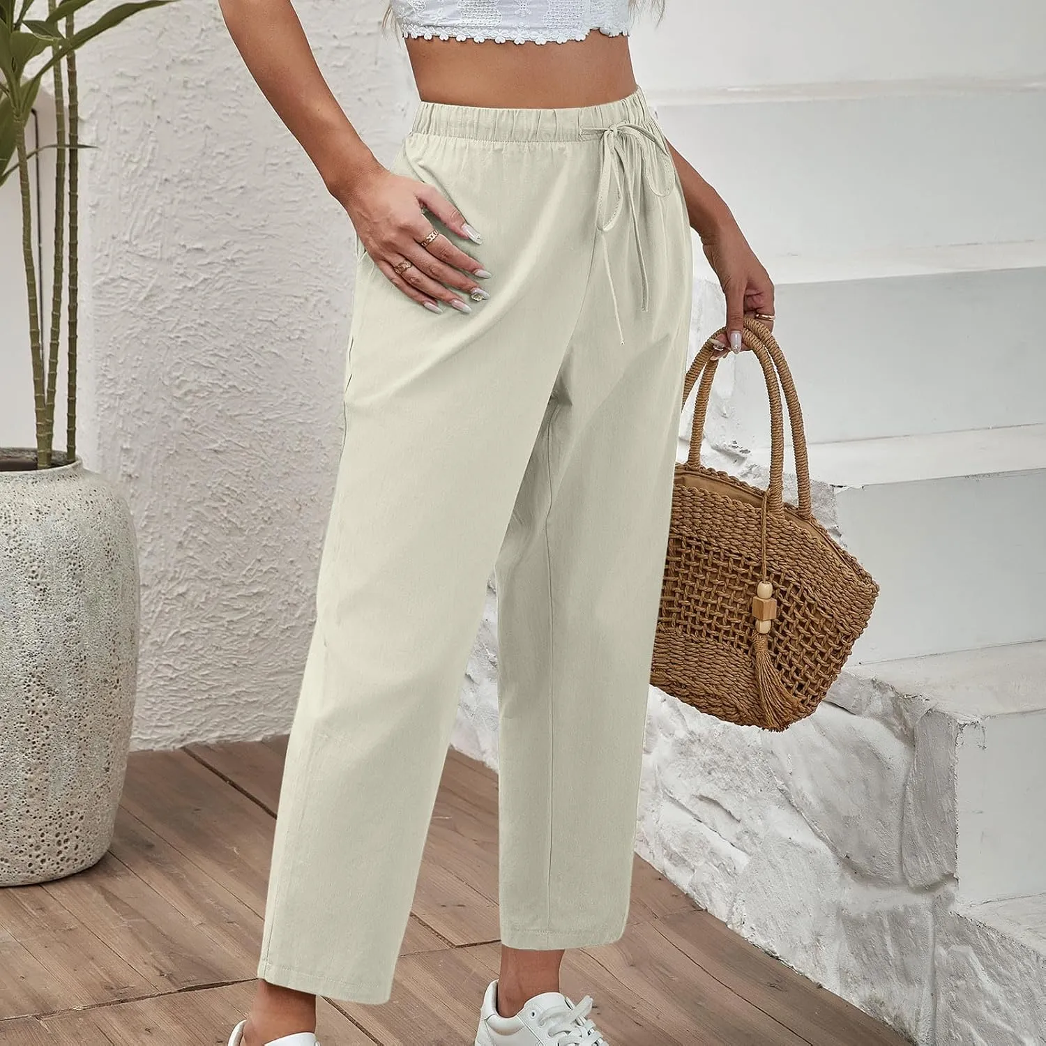 FZYLQY Women's Cotton Linen Drawstring Pants with Pockets Straight Leg Relaxed Fit Trousers for Work Travel or Lounge Slacks