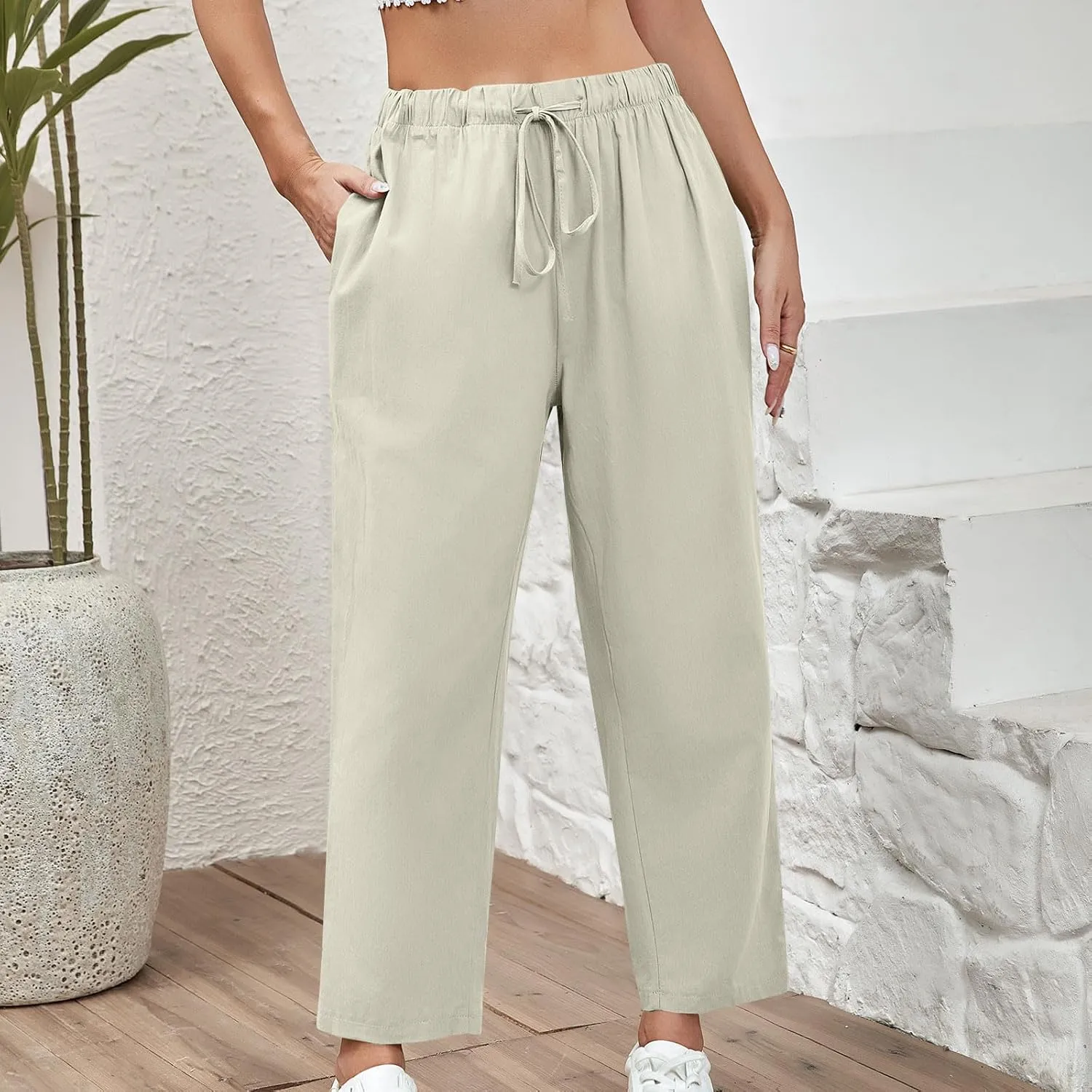 FZYLQY Women's Cotton Linen Drawstring Pants with Pockets Straight Leg Relaxed Fit Trousers for Work Travel or Lounge Slacks