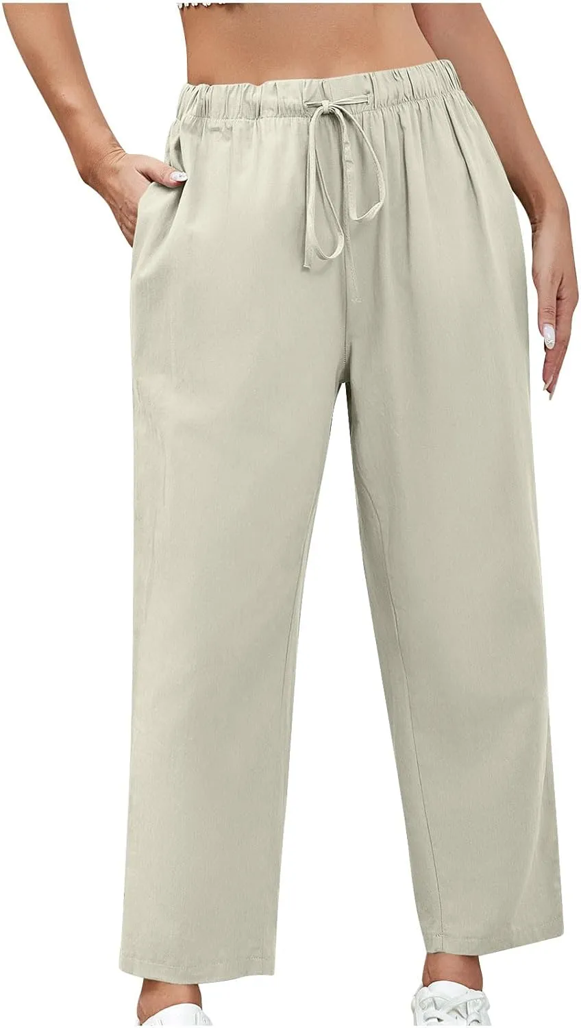 FZYLQY Women's Cotton Linen Drawstring Pants with Pockets Straight Leg Relaxed Fit Trousers for Work Travel or Lounge Slacks