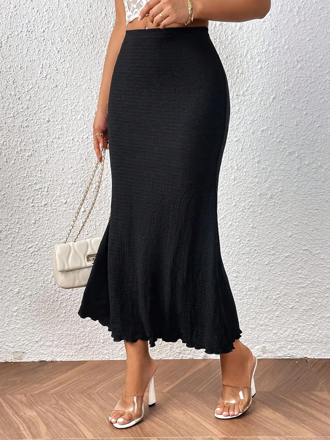 GORGLITTER Women's Solid Pencil Skirt Lettuce Trim Bodycon Long Skirts Dress