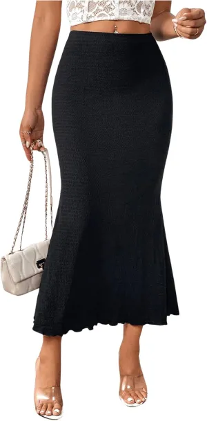 GORGLITTER Women's Solid Pencil Skirt Lettuce Trim Bodycon Long Skirts Dress