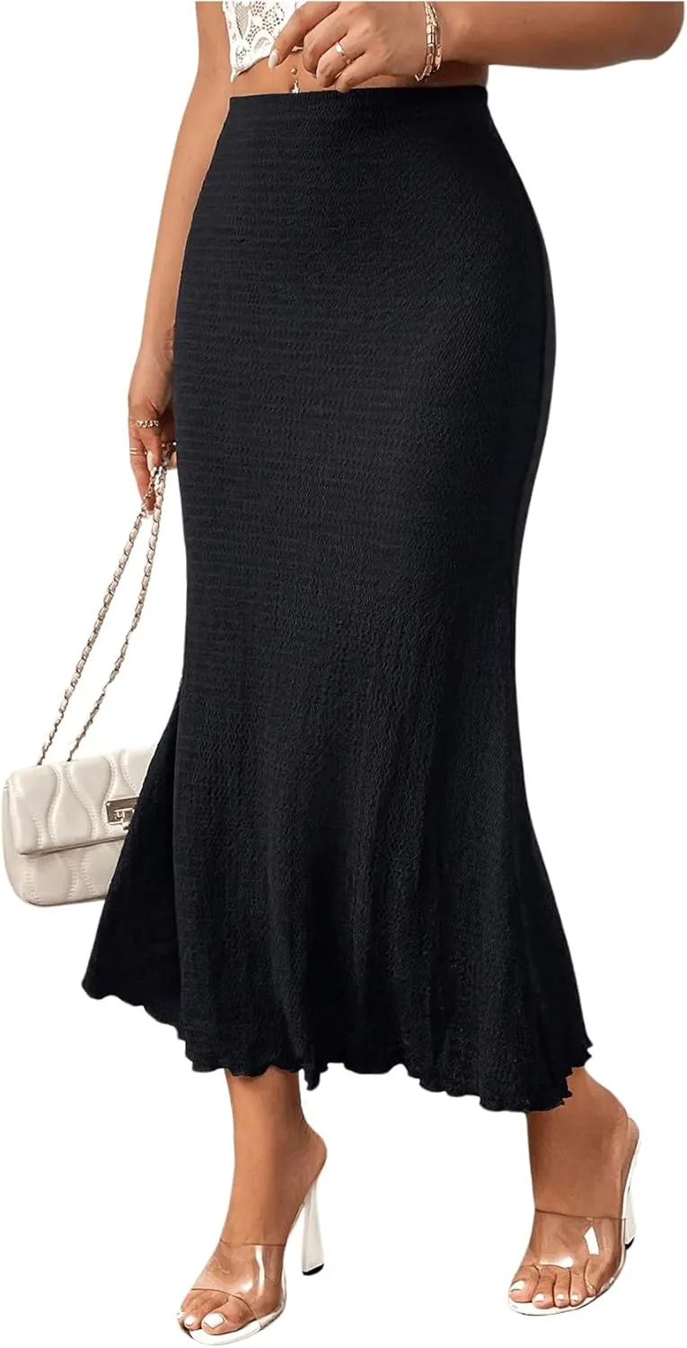 GORGLITTER Women's Solid Pencil Skirt Lettuce Trim Bodycon Long Skirts Dress