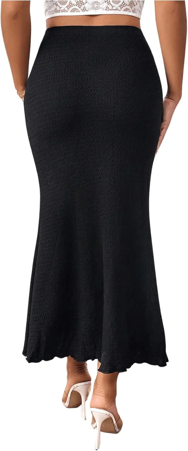 GORGLITTER Women's Solid Pencil Skirt Lettuce Trim Bodycon Long Skirts Dress