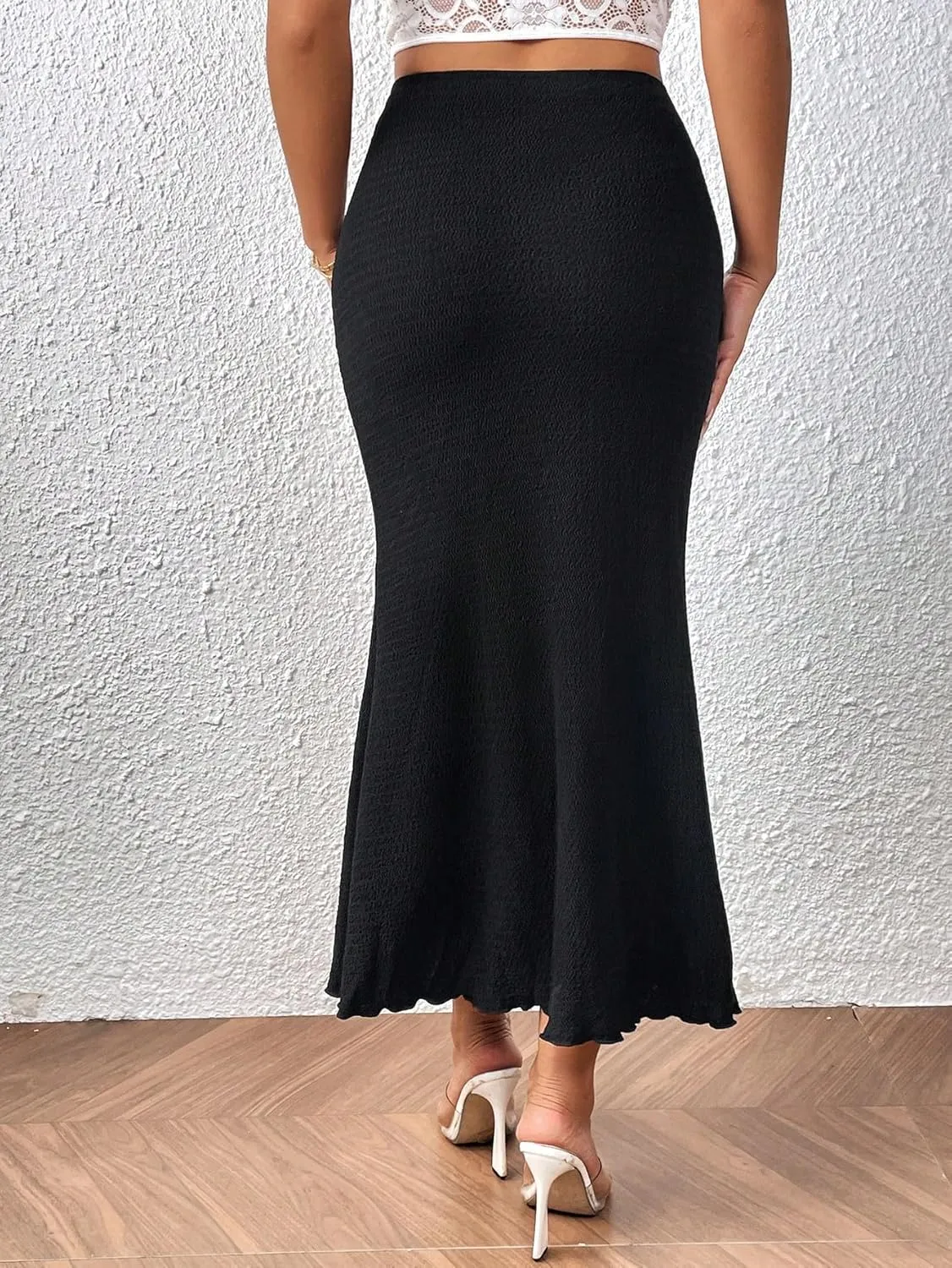 GORGLITTER Women's Solid Pencil Skirt Lettuce Trim Bodycon Long Skirts Dress