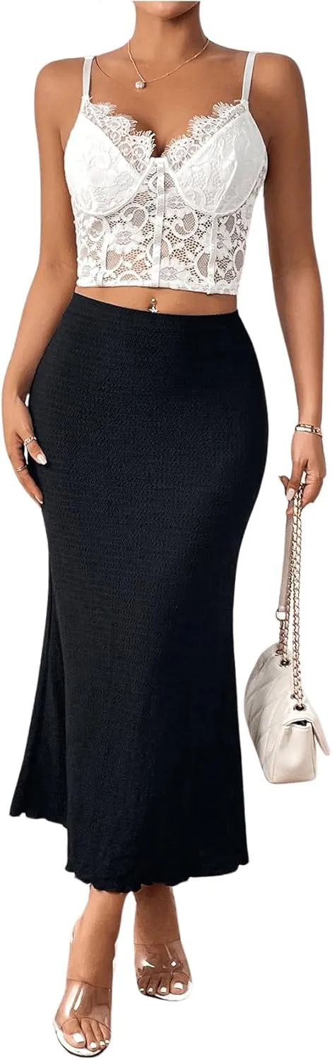 GORGLITTER Women's Solid Pencil Skirt Lettuce Trim Bodycon Long Skirts Dress