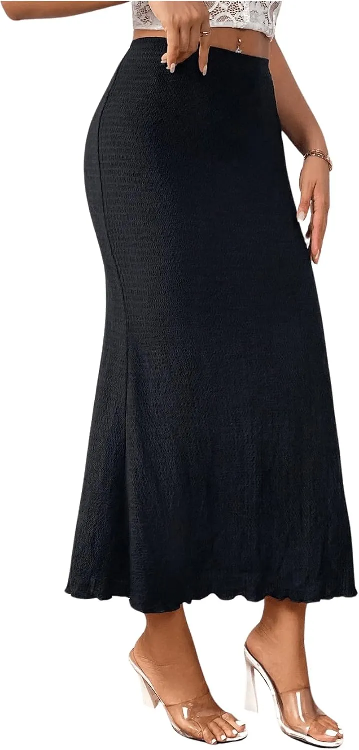 GORGLITTER Women's Solid Pencil Skirt Lettuce Trim Bodycon Long Skirts Dress