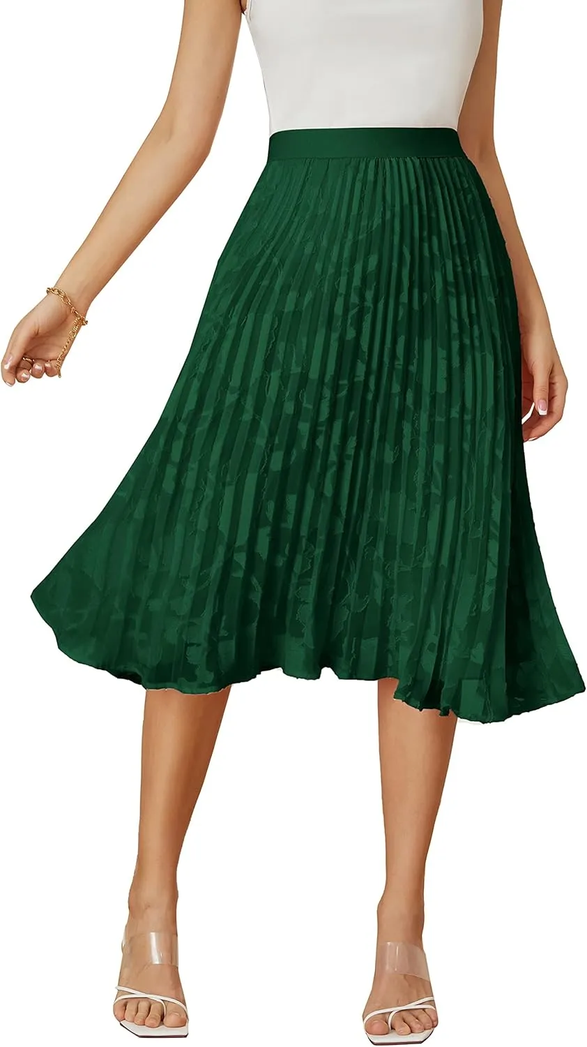 GRACE KARIN Women High Elastic Waist Pleated Chiffon Skirt Midi Swing A-line Skirts