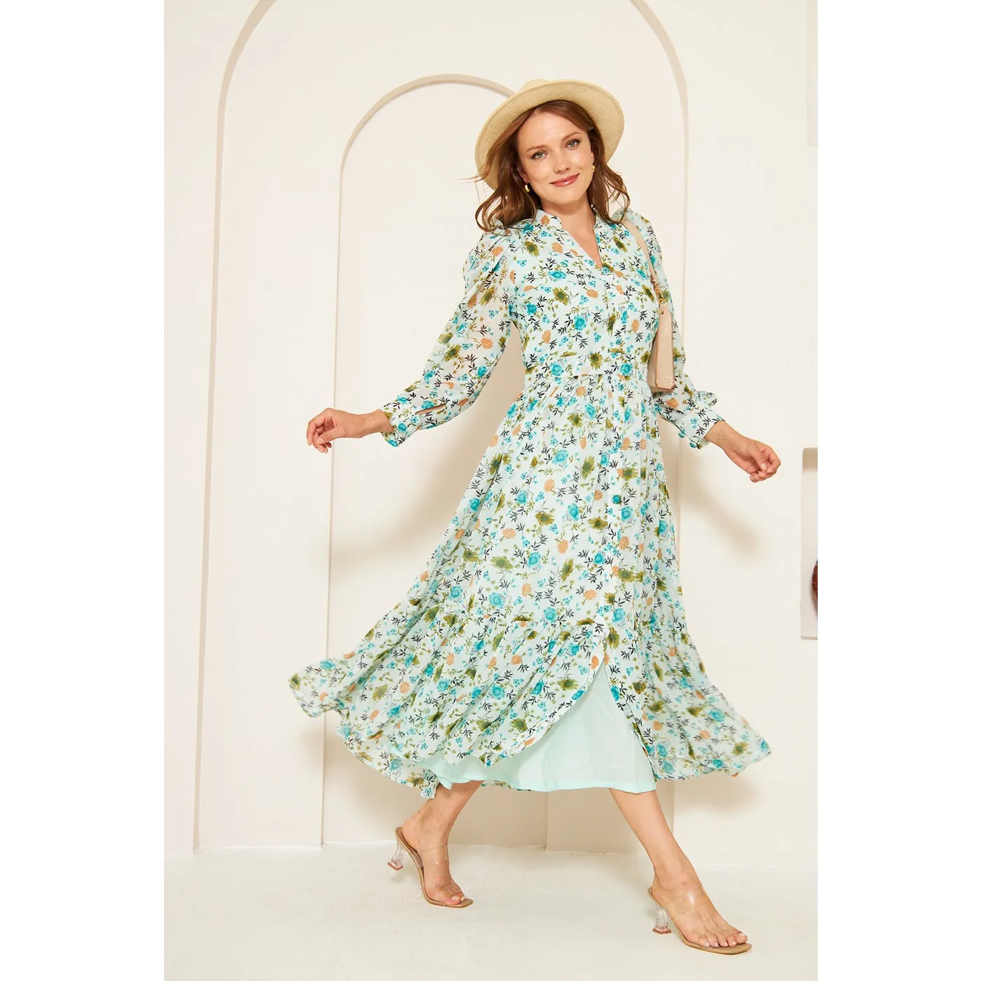Green Chiffon Floral Shirt Dress