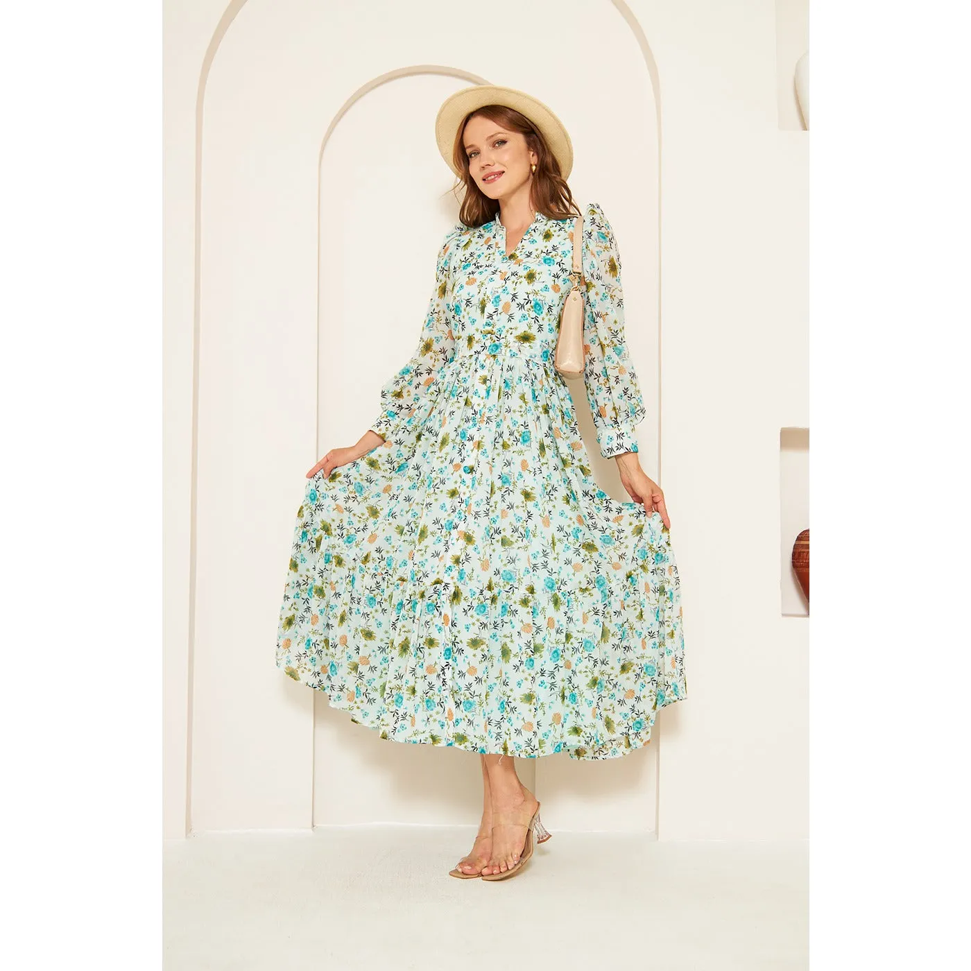 Green Chiffon Floral Shirt Dress