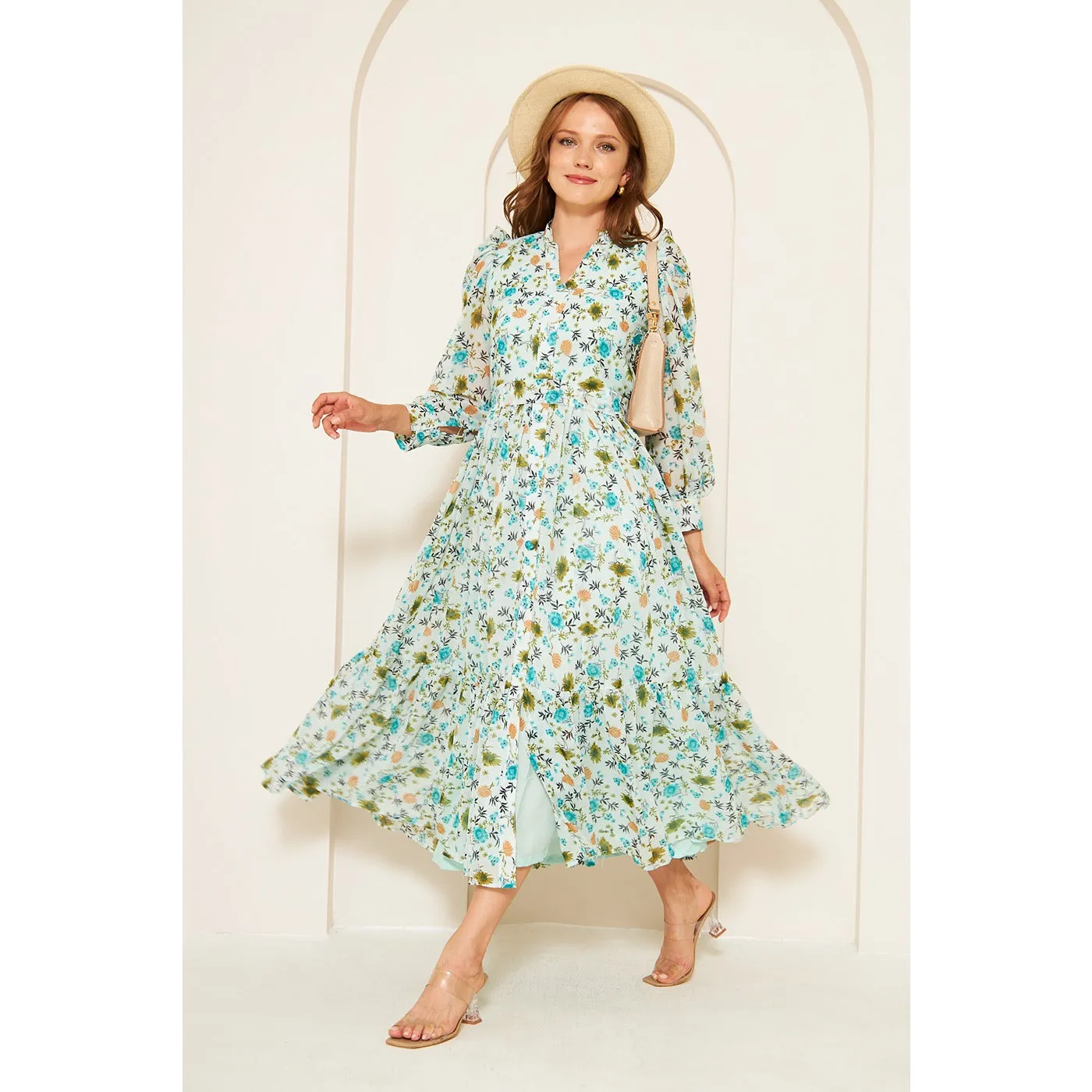 Green Chiffon Floral Shirt Dress