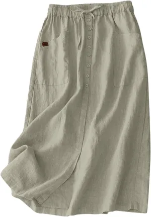 Linen Skirt for Women Summer Casual High Waisted A-Line Tie Waist Button Long Flowy Cotton Midi Skirts with Pockets White